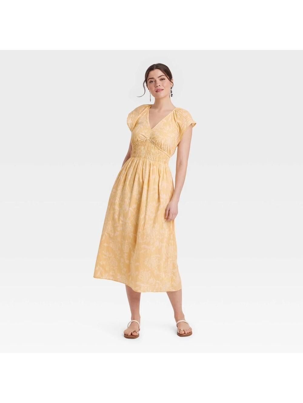 Women's Short Sleeve Smocked MIDI a-Line Dress Universal Thread Yellow Floral XS